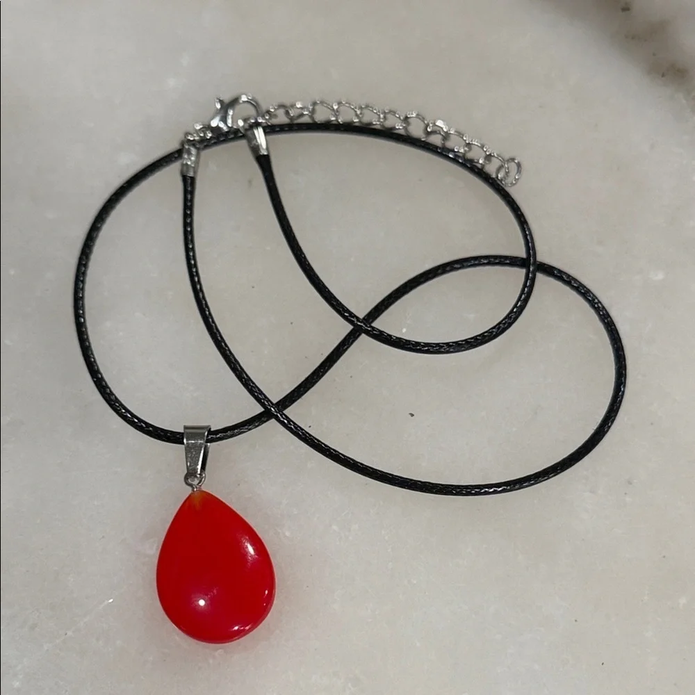 Ruby Teardrop Pendant Necklace Minimalist Red Agate Stone Black Cord Gift